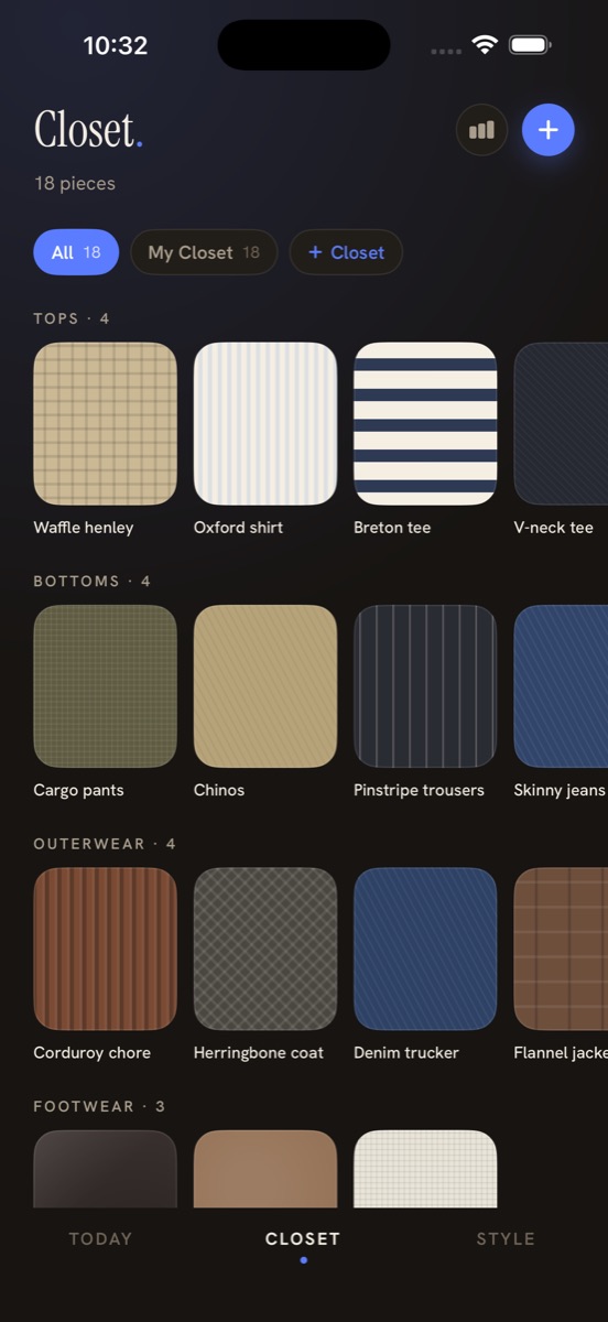 The Closet tab showing eighteen pieces grouped into tops, bottoms, outerwear and footwear as textured fabric swatches.