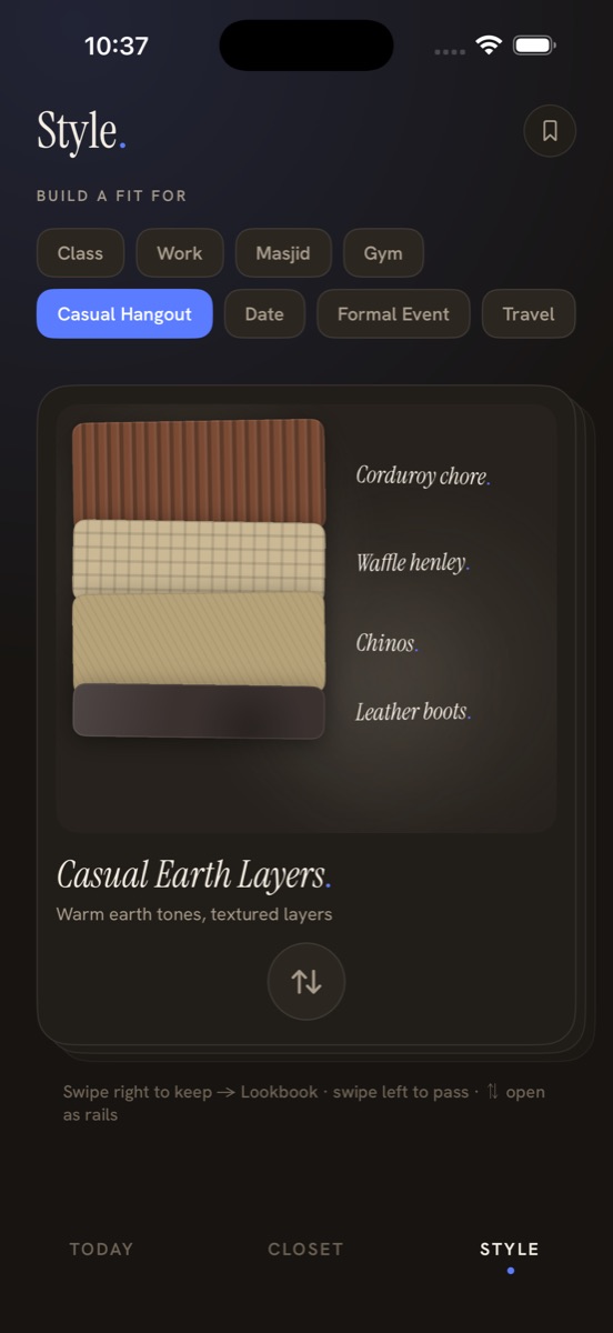 The Style tab: occasion chips with Casual Hangout selected, and a swipeable card showing a corduroy chore coat, waffle henley, chinos and leather boots titled Casual Earth Layers.